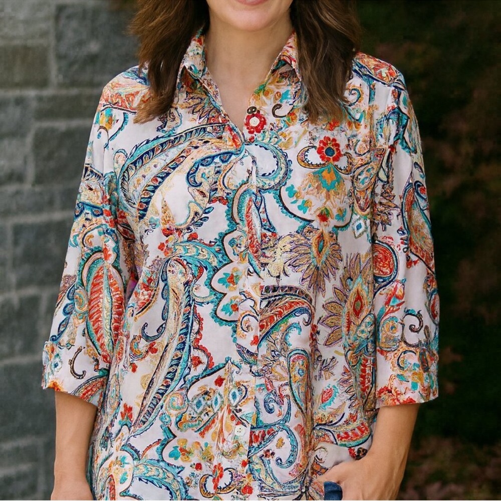 Chico’s Non Iron‎ Chic Stretch Paisley Print Top Multicolor 12 Chico’s 2 Casual